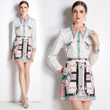 Znbbw Spring Summer Runway Skirt Suit Women's Horse Geometry Print Blouse And A Line Pocket Buttons Skirts 2 Pieces Set Outfits