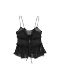 Znbbw TRAF Sexy Black Mesh See-Through Crop Tops V-Neck Front Tie Up Ruffles Camis Summer Holiday Backless Vest Tops