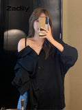 znbbw Oversize One Shouler Black Shirt Women Casual Long Sleeve Button Ladies Blouse 2023 Summer Daily Female Tops Tunic