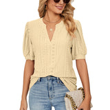 Znbbw Solid Lace Woman Shirt Elegant Hollow Puff Short Sleeve Pullover Blouse Women Casual V-neck Loose Lady Tops Blusas 24698