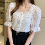 Znbbw Elegant Summer Short Sleeve Woman Shirts Square Collar Hollow Out White Blouse Women 2023 Korean Lace Shirt Blusas 13934