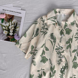 Znbbw Women Turn Down Collar Short Sleeve Blouse College wind Leaf Print Shirts Summer Casual Office Button Vintage Shirt Tops