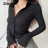 znbbw Street Style Long Sleeve Slim Women Short Shirt Sexy Elasticity Solid Button Ladies Blouse 2023 Summer Female Crop Tops