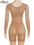 znbbw Summer Solid Hollow Out One Pieces Rompers Club For Women 2023 Long Sleeve See Through Slim Playsuits Elastic Activewear