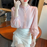 Znbbw Women Pink Chiffon Blouse Shirt Women Tops Blusas Mujer De Moda 2023 Long Sleeve Blouse Women Shirts Blouses Femme F447