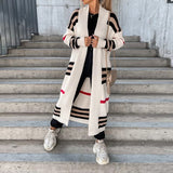 znbbw Warm Loose V-Neck Patchwork Knit Sweater Casual Autumn Outside Sweaters College Style Stripe Knitted Women Long Cardigan