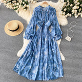 Znbbw Women Spring Autumn Winter Dress High Class Elegant Printing French Style Slim Bubble Sleeve Super Fairy Long Vestidos D2423