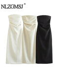 Znbbw TRAF Nightclub Evening Dresses Strapless Sleeveless Solid Back Slit Pleated Grace Long Midi Dress Summer Sexy Dresses