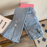 znbbw New Chic Love Button Split Jeans Women's Summer Hot Girl jeans Retro High Waist Straight Slim Flared Denim Pants Pantalon