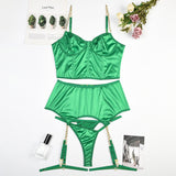 Znbbw Satin Lingerie Fine Underwear Irregular Thongs 3-Piece Green Erotic Garter Outfits Seamless Intimate Luxury Briefs Set