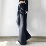 Znbbw Women Straight Baggy Trouser High Waist Vintage Black Washed Casual Wide Leg Jeans Drawstring Fashion Y2K Loose Denim Pants