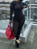 znbbw Summer Sexy Solid One Piece Yoga Jumpsuits For Women 2023 O Neck Long Sleeve Backless Mesh Hooded Knit Jumpsuit Women