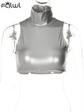 znbbw Summer Sexy silver Crop Top Club Outfit For Women 2023 Turtleneck Button Sleeveless Corset Tank Tops Party Casual Tops