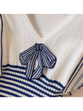 znbbw Elegant V-neck Bow Striped High Waist Slim Mini Dress Women's Spring Sleeveless Contrast Stripe Knitted Female Dress