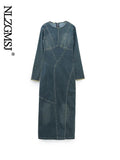 Znbbw TRAF Women Denim Dress Back With Zipper Spring Elegant Dresses For Women Round Neck Dress