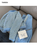 znbbw Fashion Denim Women Pants Two Piece Set Women Sequined Embroidery Button Jacket Coat + High Waist Wide Leg Trousers Suits