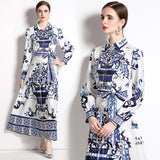 Znbbw Vintage Blue And White Porcelain Print Ankle-Length Dress Women's Lapel Lantern Sleeve Elegant Sashes Maxi Vestidos N9860