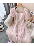 znbbw Pink New French Vintage Court Style Ladies Dresses Summer Square Neck Texture High-end Temperament Large Swing Dress Female