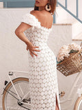 Znbbw Lace Sexy Bodycon Dress Back Zipper Short Sleeve White Black 2023 Summer Elegant Club Party Midi Dress