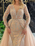 Znbbw Women Mermaid Deep V Neck Long Sleeve Gowns Lady Lace Hollow Out Simple Long-sleeved Dress 2023 Fashion Champagne Gold Robe