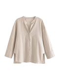 Znbbw TRAF Women Solid Side Split Linen Shirt Women Female Long Sleeve Kimono Smock Blouses Women Chic Tops