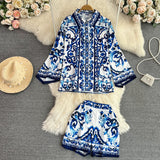 Znbbw Spring Runway Fashion Shorts Suit Women Turn-down Collar Blue and White Porcelain Print Shirts and Short 2 Pieces Set