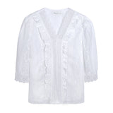 Znbbw New Lace V-Neck White Blouse Shirt Short Sleeve Blouse Women Blusas Mujer De Moda 2023 Verano Women Tops Blouses G471