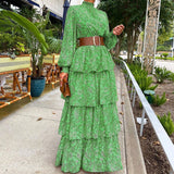 znbbw Women Floral Printed Lantern Long Sleeve Sundress Female Vintage Cake Loose Beach Dress Elegant Cascading Ruffles Cover-Ups