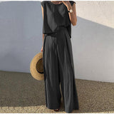 Znbbw Summer Cotton Women's Pajamas Set Sleeveless O-Neck Tank Top Wide Leg Pants Two Piece Sets Women Home Suit Oversize Outfits