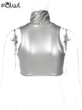 znbbw Summer Sexy silver Crop Top Club Outfit For Women 2023 Turtleneck Button Sleeveless Corset Tank Tops Party Casual Tops