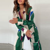 znbbw Retro Print Cardigan Long Sleeve Shirt + Straight Trousers Two Piece Set Outfits Autumn Women Sexy New High Street Suits