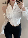 znbbw 2023 Summer Korea Style Long Sleeve Women White Shirt Sexy Button Off The Shoulder Ladies Crop Shirts Blouse Clothing Top