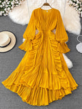 znbbw Autumn New Holiday Style Ankle Length Long Dresses Women Sexy V Neck Puff Sleeve Lace Elegant Evening Party Summer Dress