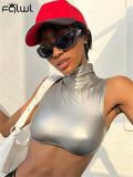 znbbw Summer Sexy silver Crop Top Club Outfit For Women 2023 Turtleneck Button Sleeveless Corset Tank Tops Party Casual Tops