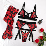 Znbbw Leopard Lingerie With Stocking Cut Out Bra Sensual Brief Sets 4-Piece See Through Lace Fancy Underwear Garter Intimate