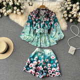 Znbbw Runway Summer 2 Piece Outfits Women Bow Tie Neck Single Breasted Chiffon Shirts And High Waist Pockets Belt Shorts Set