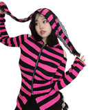Znbbw Punk y2k Hoodie Women Striped Zipper Long Sleeve Hooded Top Cyber Core Sweatshirt Harajuku Goth 2000s Streetwear