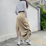 Znbbw Streetwear Women Long Skirt with Adjustable Drawstring Solid Color Casual Style Loose Summer Clothing