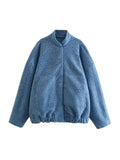 Znbbw TRAF 2023 Women Oversized Bomber Jackets Coat Pockets Vintage Stand Neck Long Sleeves Female Chic Outwears
