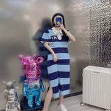 znbbw Women Blue Short Sleeve Split T-shirt Dress 2023 Summer Loose Mid-length Over-knee Stripe Splicing Lace Neck One Piece Dress