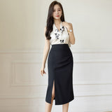 Znbbw Women's Office Formal OL Straight Skirts Elegant Folds Split High Waist Package Hips Midi Skirts Women Casual Slim Jupe Femme