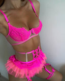 Znbbw Pink Bright Lingerie Erotic Female Underwear Ruffle Transparent Fancy Intimate Lace Garter Belt 3-Piece Exotic Sets