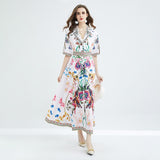 Znbbw Fashion Designer Runway Crystal Beading Summer Dress Women's Notched Collar Floral Print Single Breasted Long Vestidos