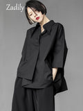 znbbw 2023 Summer New Half Sleeve Oversize Gothic Shirt Women Y2K Asymmetrical Black Button Ladies Blouse Street Clothing Tops