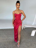 Znbbw Elegant Satin Spaghetti Strap High Split Midi Dress For Women Robe 2023 New Backless Ruched Party Long Dresses Vestido