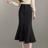 Znbbw Waist Black Midi Skirts For Women Elegant Ruffles Long Mermaid Skirt Fashion Office Lady OL Skirts Faldas Mujer 2023