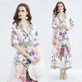 Znbbw Fashion Designer Runway Crystal Beading Summer Dress Women's Notched Collar Floral Print Single Breasted Long Vestidos