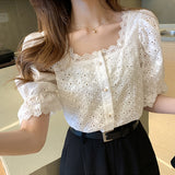 Znbbw Elegant Summer Short Sleeve Woman Shirts Square Collar Hollow Out White Blouse Women 2023 Korean Lace Shirt Blusas 13934