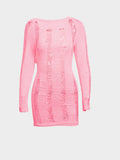 znbbw Summer Sexy Hollow Out Bodycon Bcakless Mini Dresses Club Outfit For Women 2023 Long Sleeve Pink Knit Short Dress Female