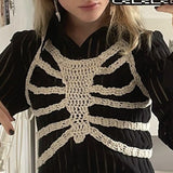 Znbbw Skeleton Skull Pattern Knitted Tank Corset Gothic Bustier Women Sleeveless Hollow Crop Top Summer Casual Camis Streetwear